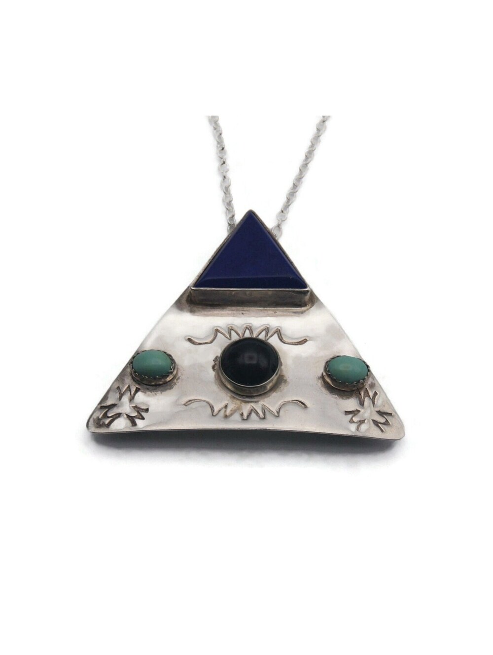 VTG Darla N Sterling Silver, Lapis, Onyx & Turquoise Pendant Necklace.